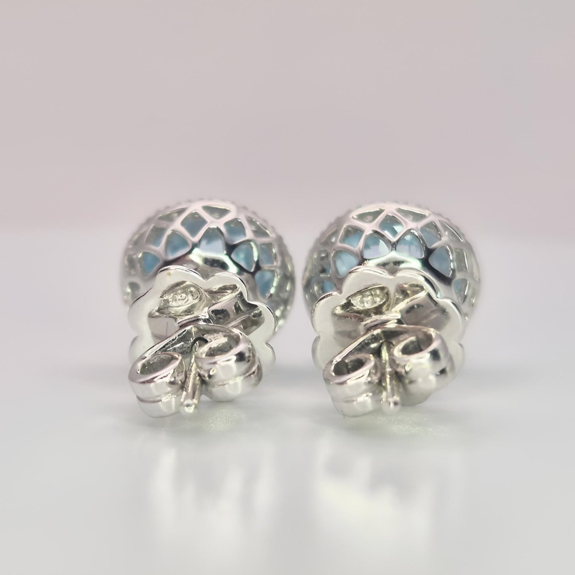 18ct white gold aquamarine and diamond halo cluster earrings right behind view