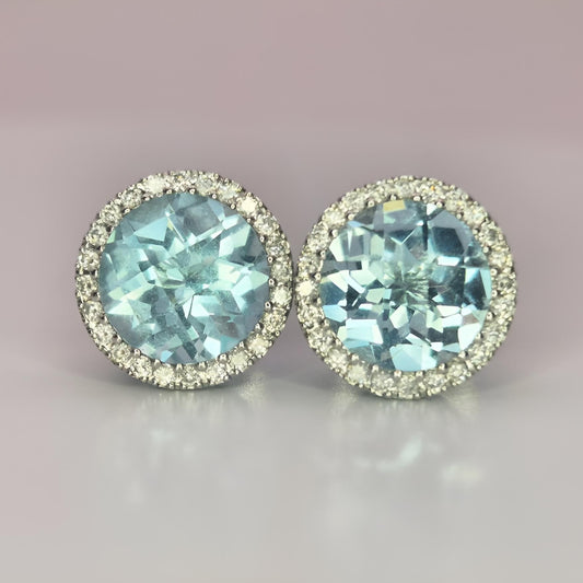 18ct white gold aquamarine and diamond halo cluster stud earrings front opposite view