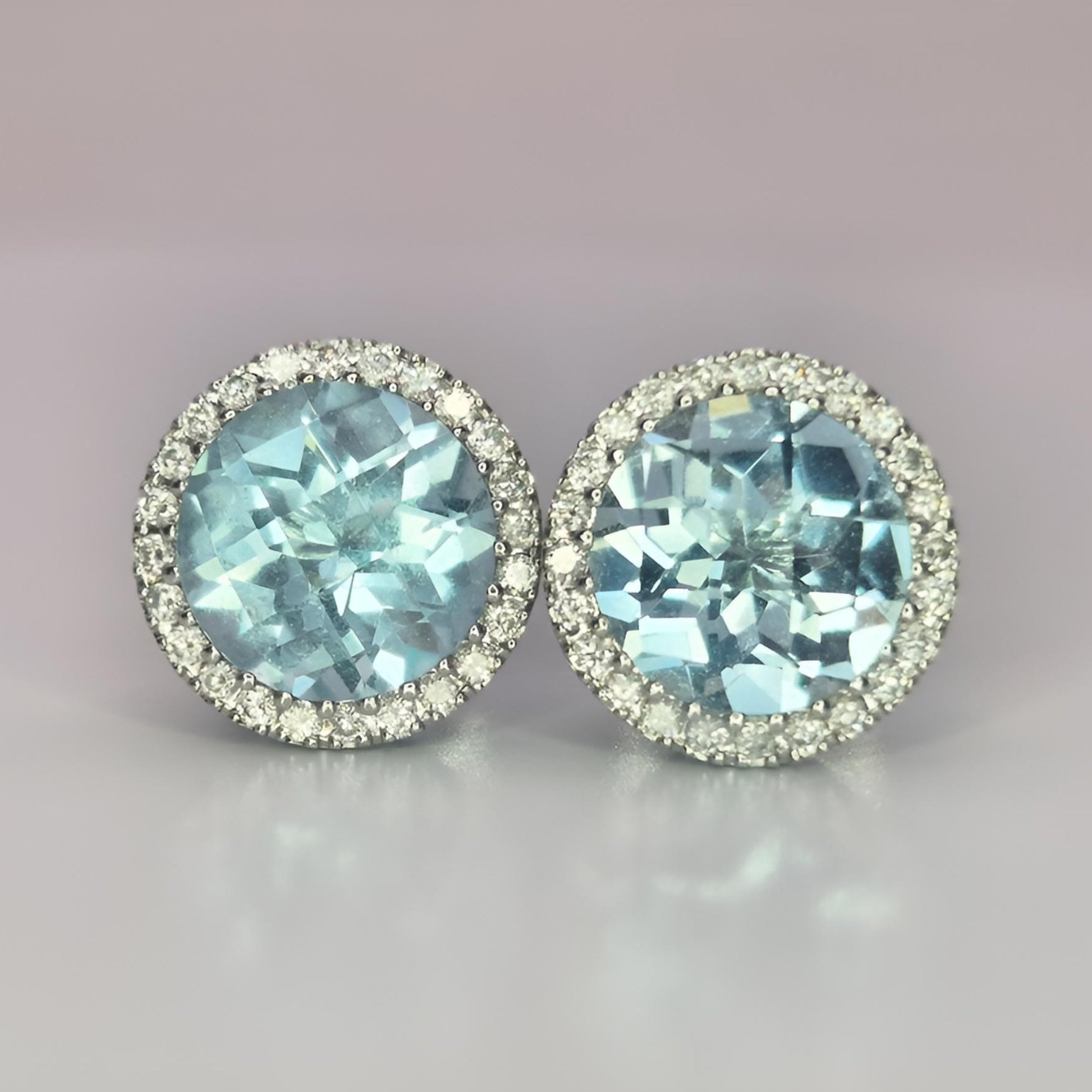 18ct white gold aquamarine and diamond halo cluster stud earrings front opposite