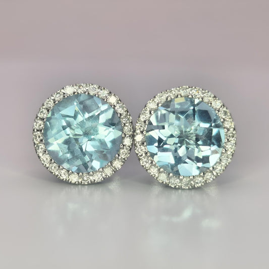 18ct white gold aquamarine and diamond halo cluster stud earrings front opposite