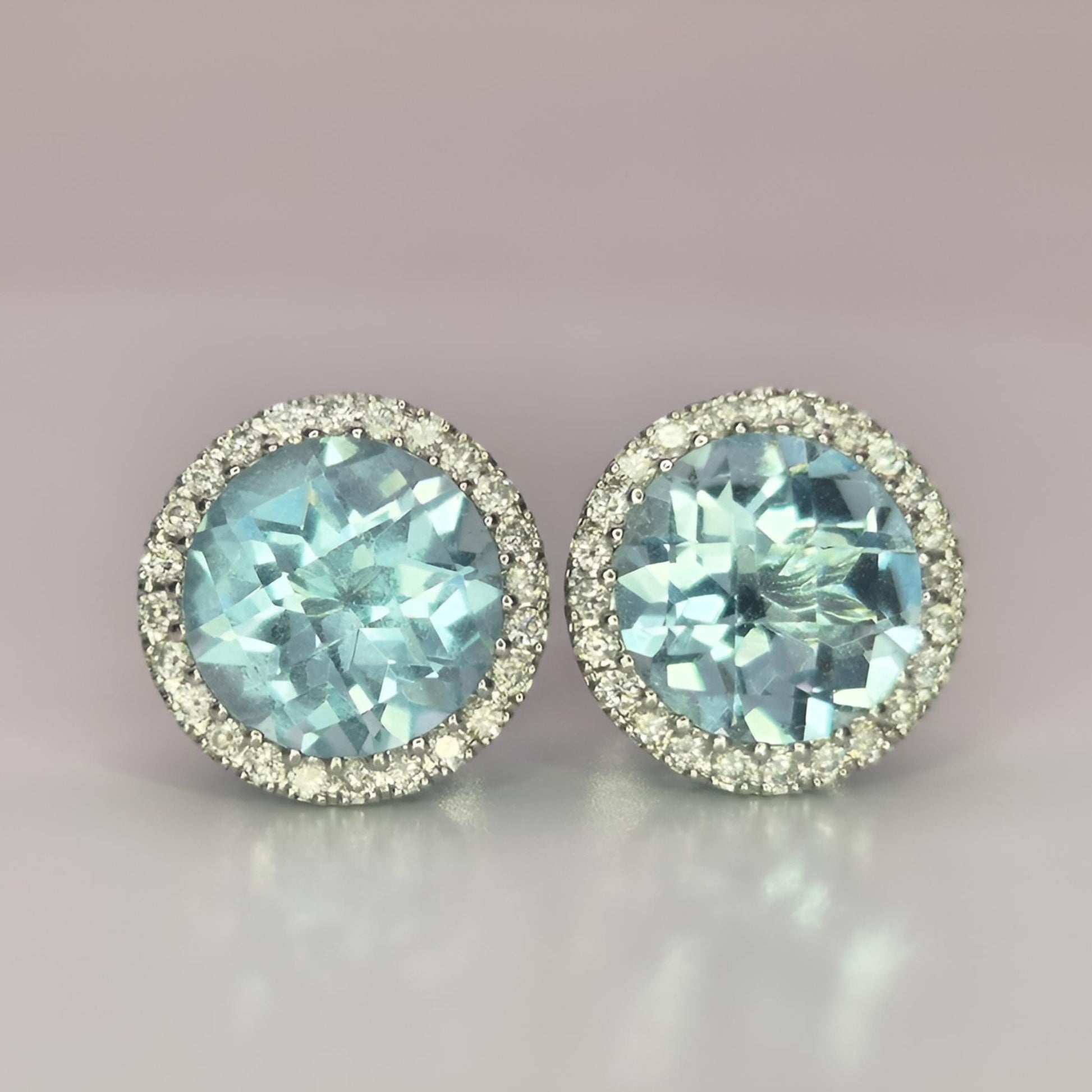 18ct white gold aquamarine and diamond halo cluster stud earrings front view