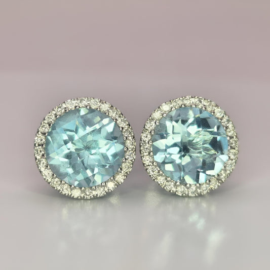 18ct white gold aquamarine and diamond halo cluster stud earrings front view