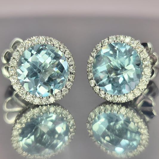 Certified 18ct White Gold 4.00ct Light Blue Topaz & Diamond Halo Stud Earrings