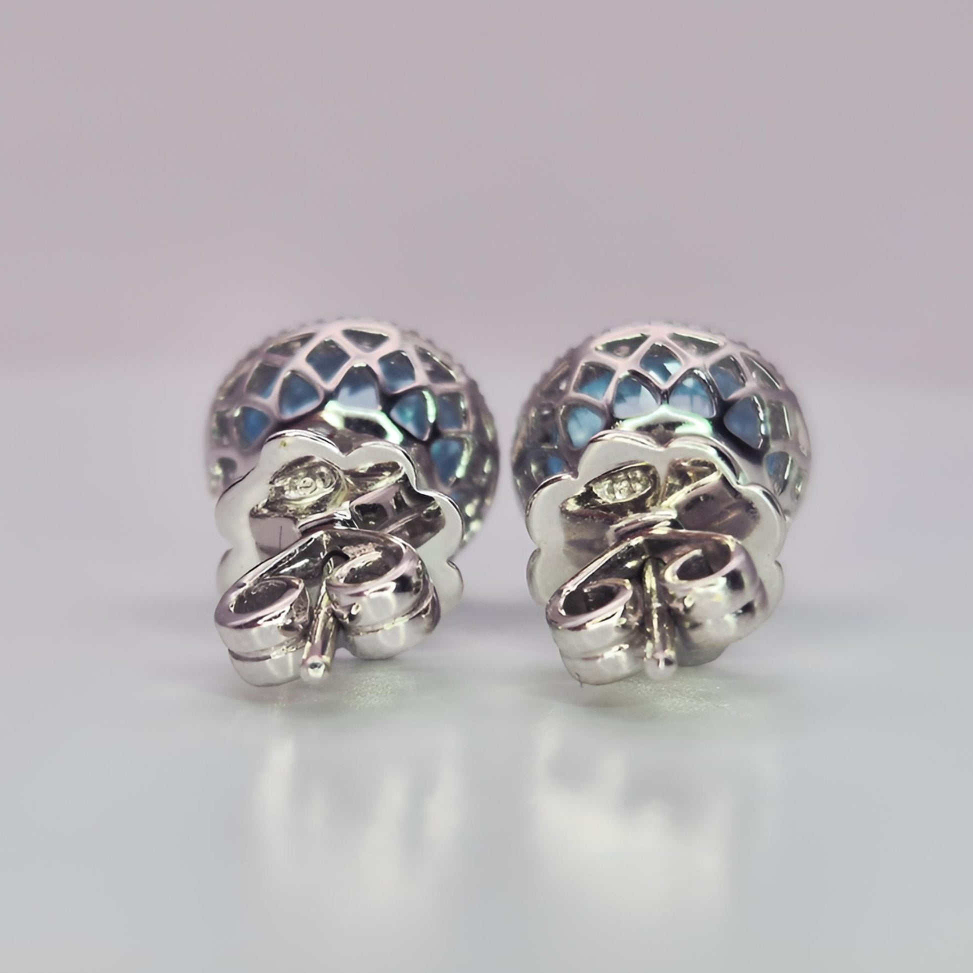 18ct white gold hallmarked aquamarine and diamond halo cluster earrings right behind view