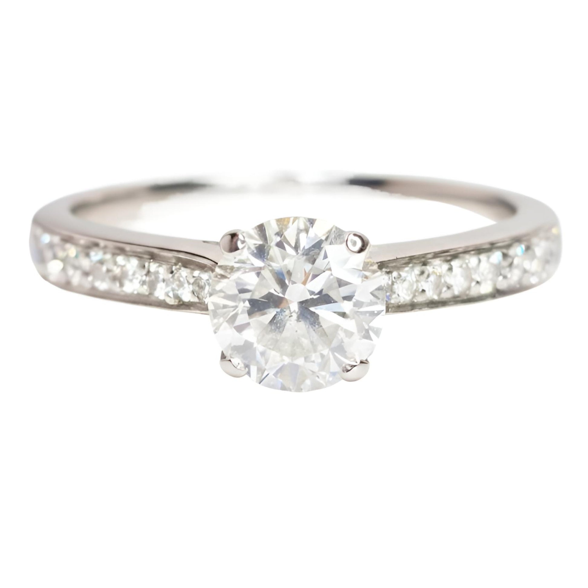 18ct white gold single stone diamond shoulders ring front view
