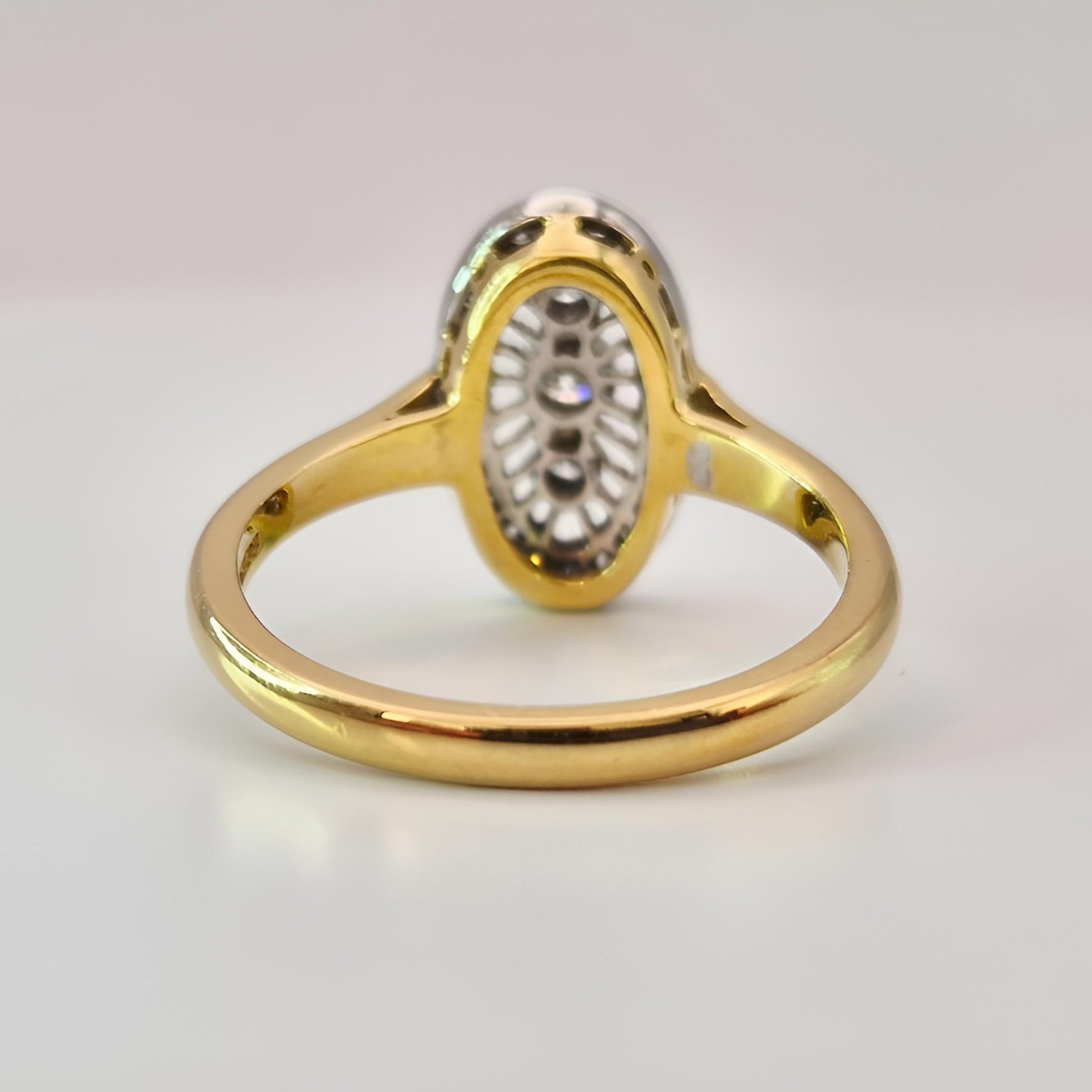 18ct yellow gold diamond dress ring hallmarked from behind view zoom on shank