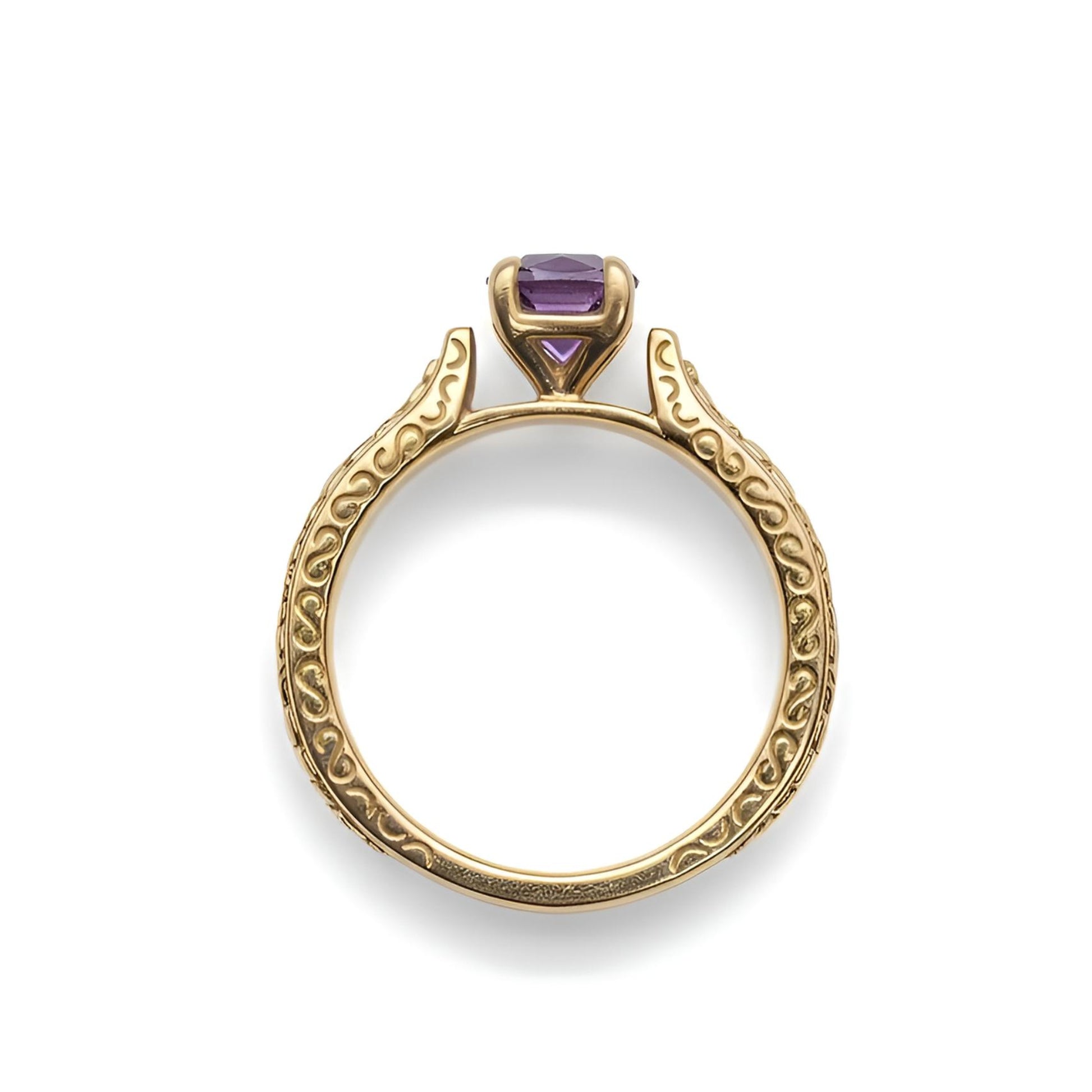 18ct yellow gold heart shape amethyst single stone ring from above