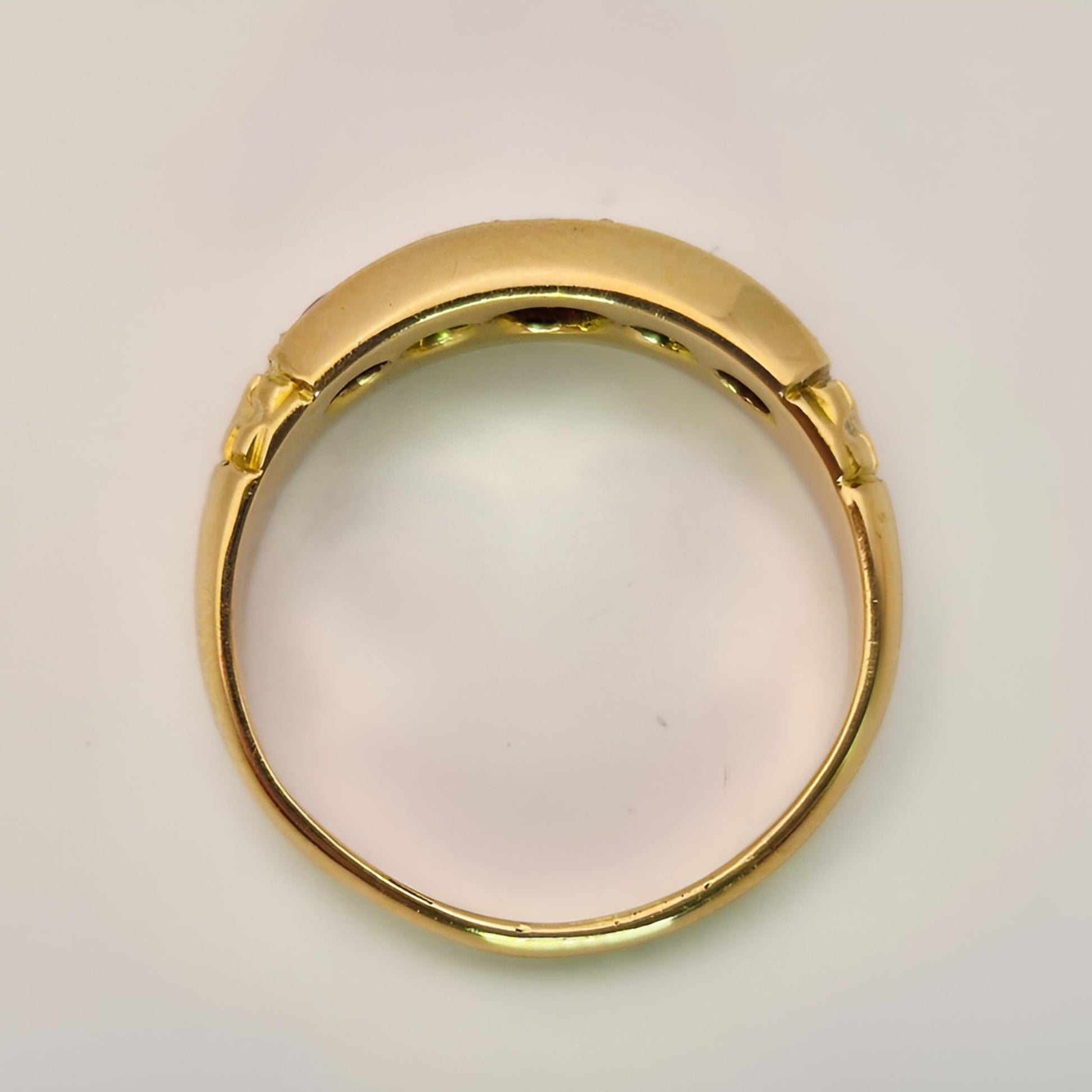 18ct yellow gold ruby diamond five stone ring from above view