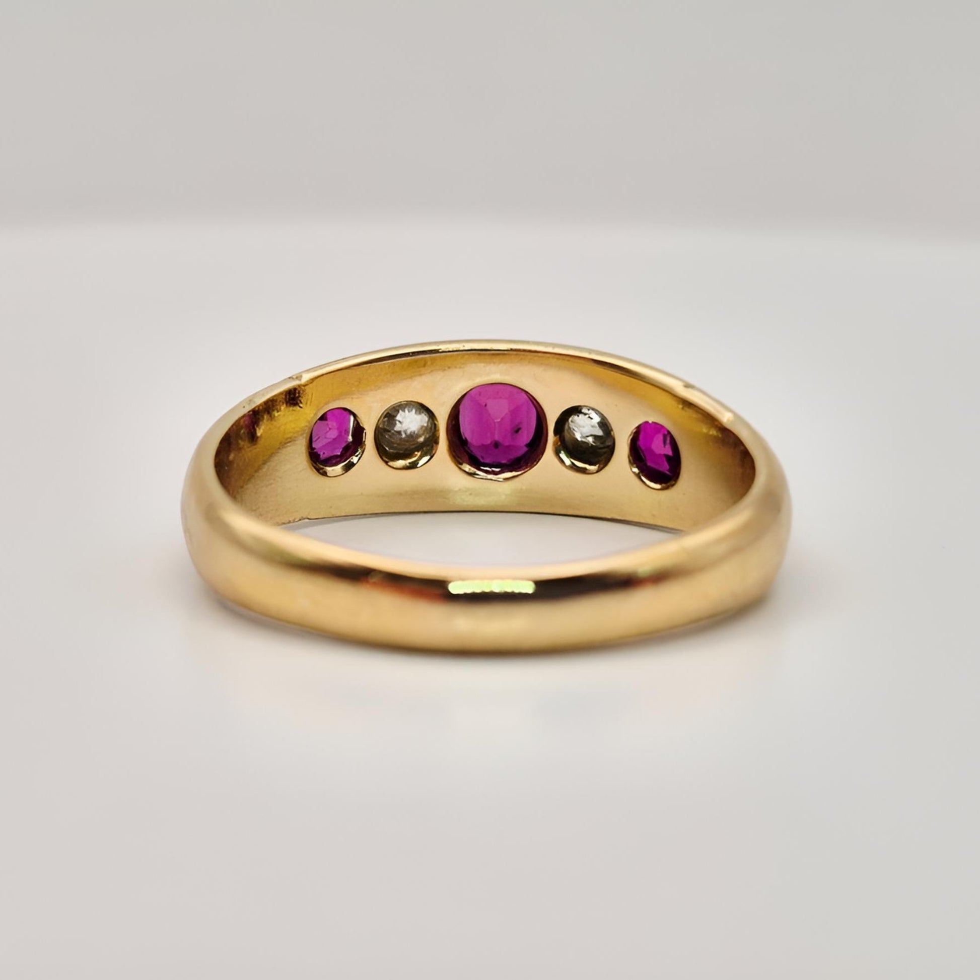 18ct yellow gold ruby diamond five stone ring from behind view