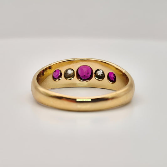 18ct yellow gold ruby diamond five stone ring from behind view