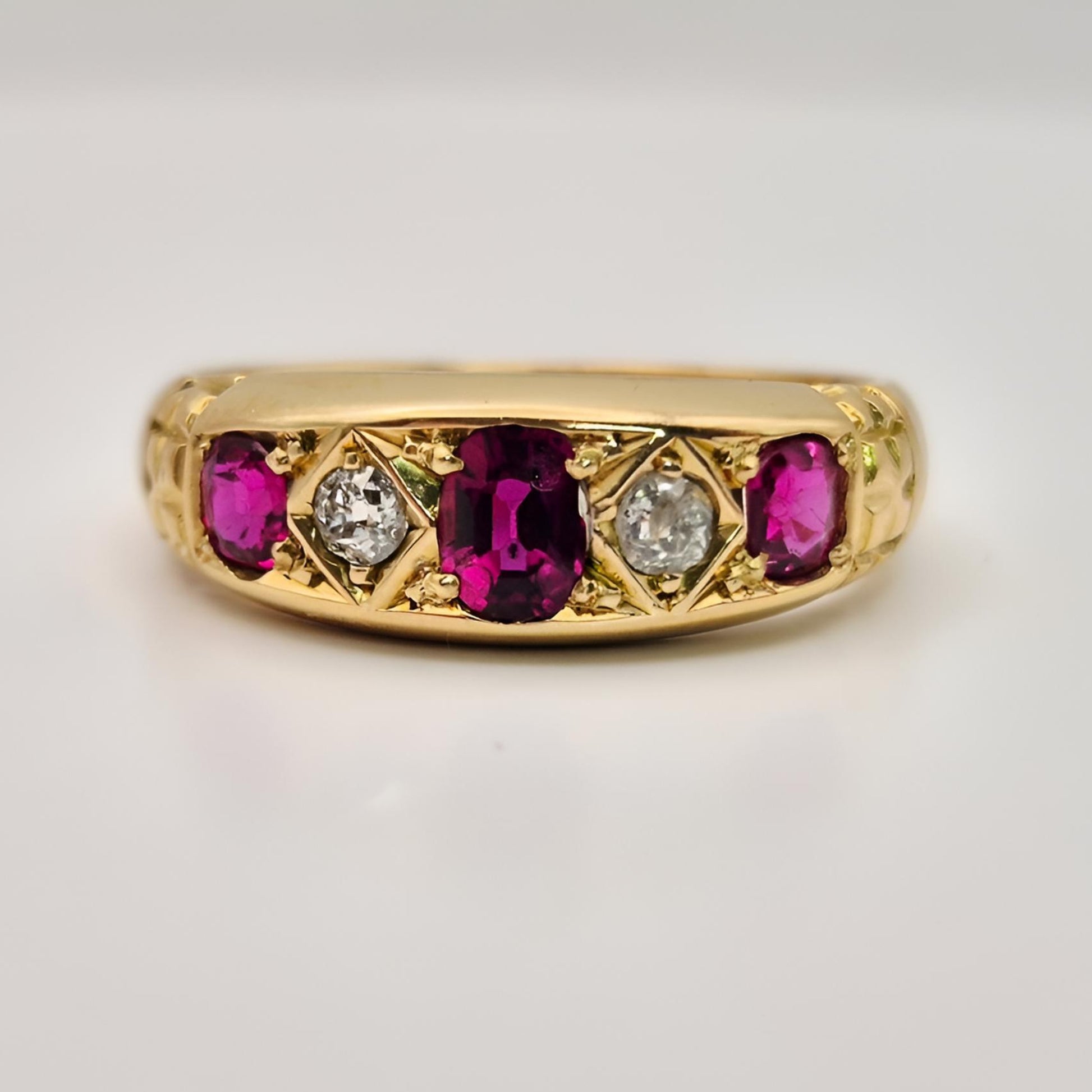 18ct yellow gold ruby diamond five stone ring front view