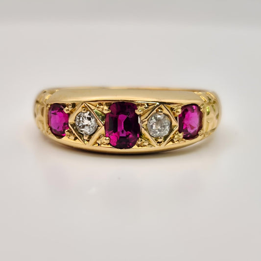 18ct yellow gold ruby diamond five stone ring front view