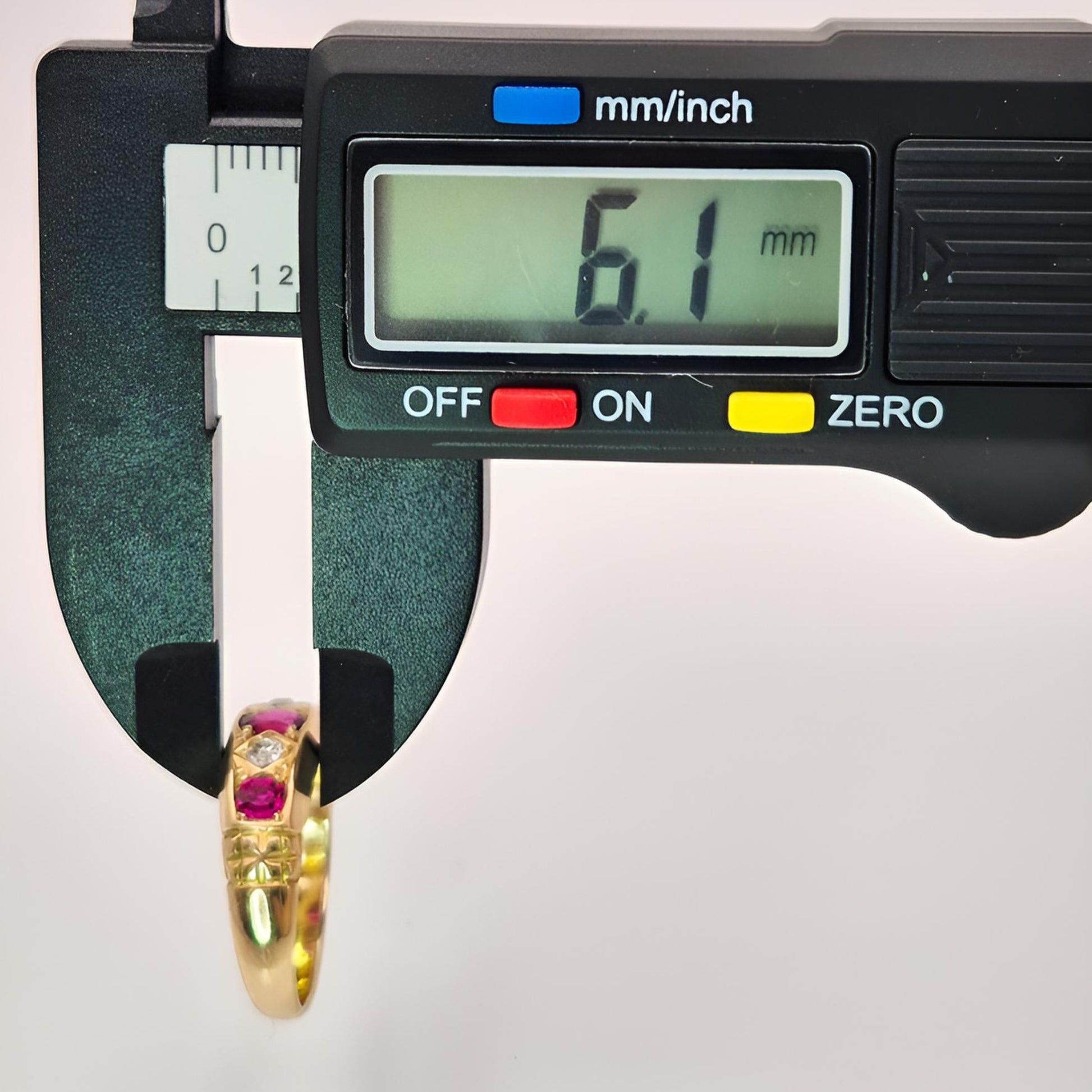 18ct yellow gold ruby diamond five stone ring head width measurement