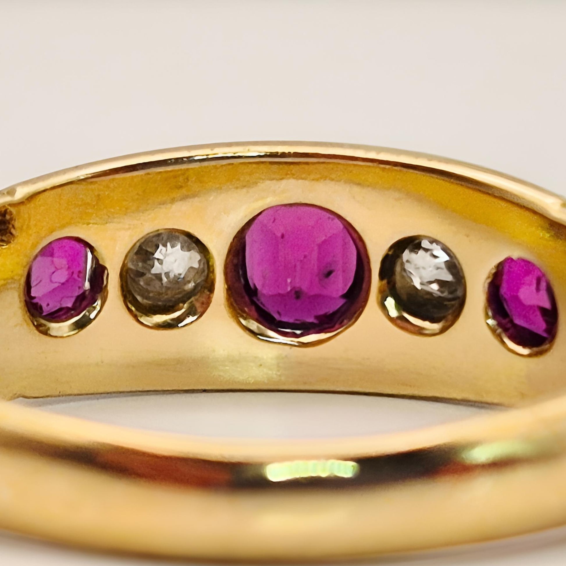 18ct yellow gold ruby diamond five stone ring setting view from under