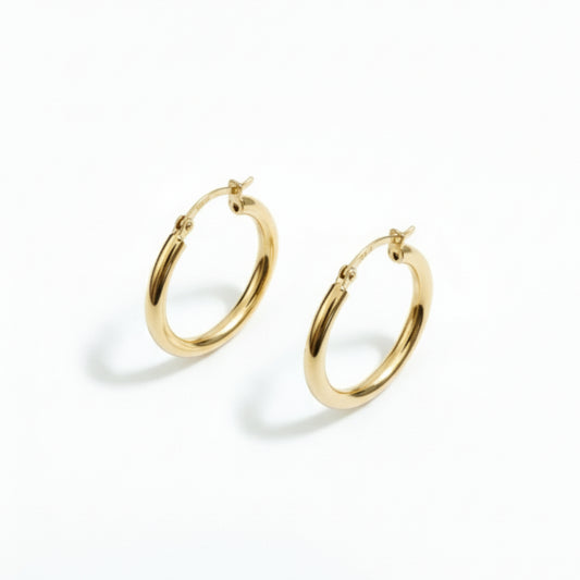 375 gold 20mm hoop earrings side angle view