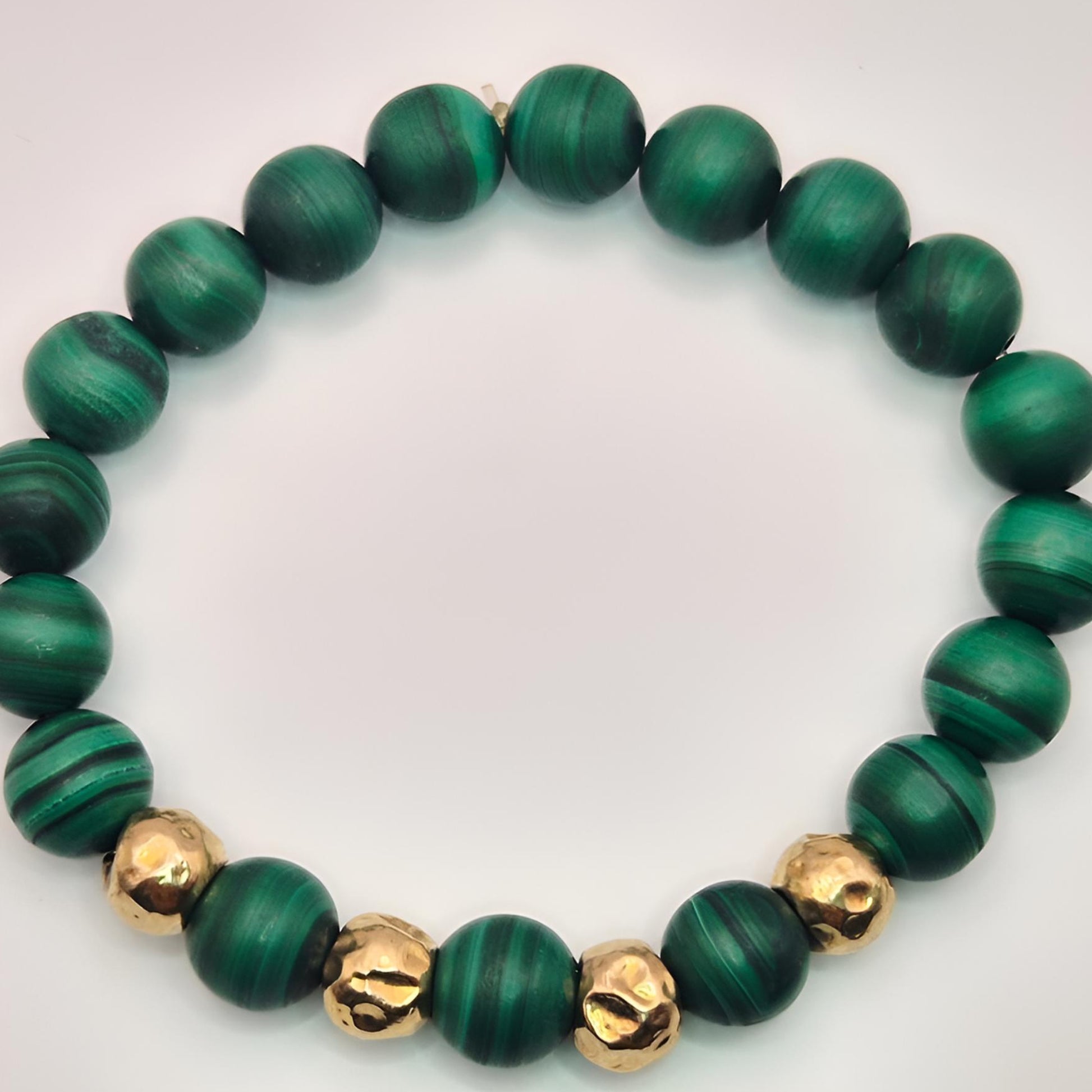 malachite gold bead bracelet above view