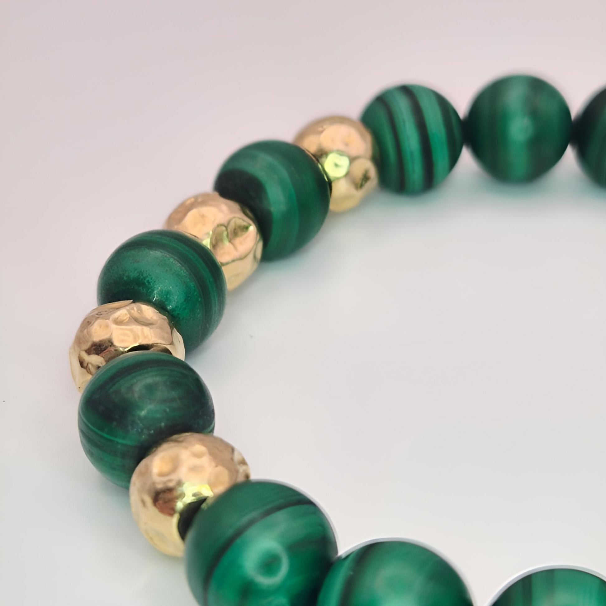 malachite gold bead bracelet close view