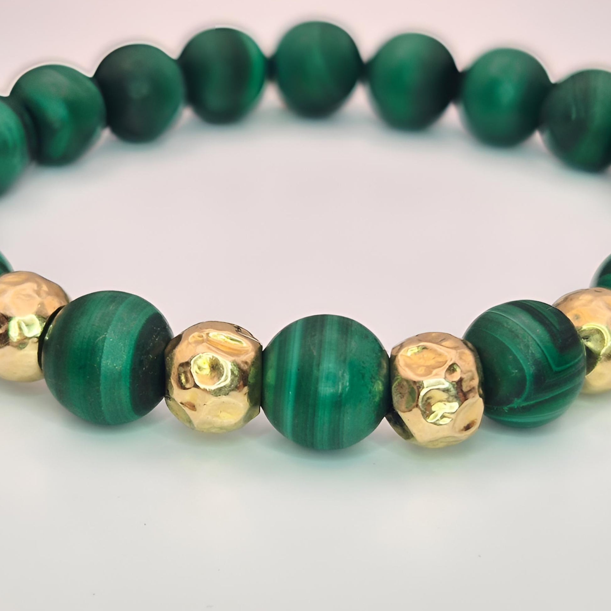 malachite gold bead bracelet closer front view