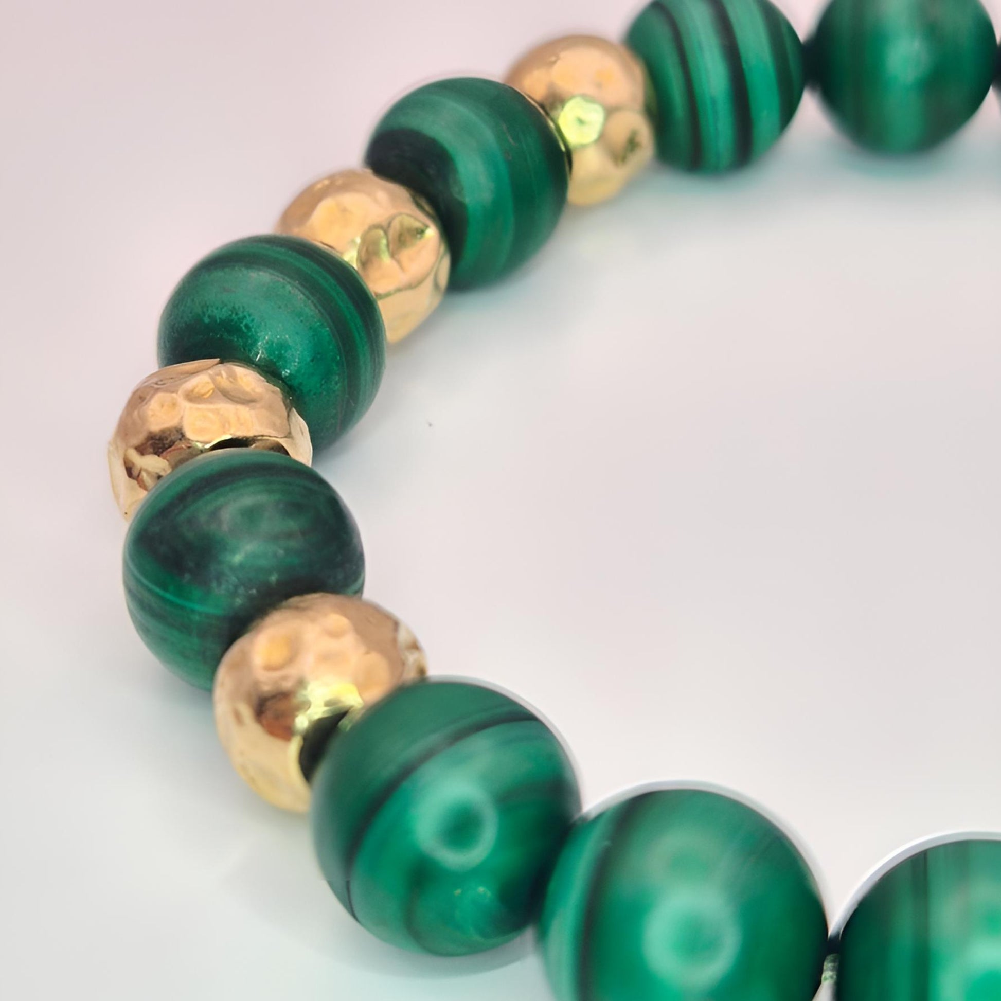 malachite gold bead bracelet closer view