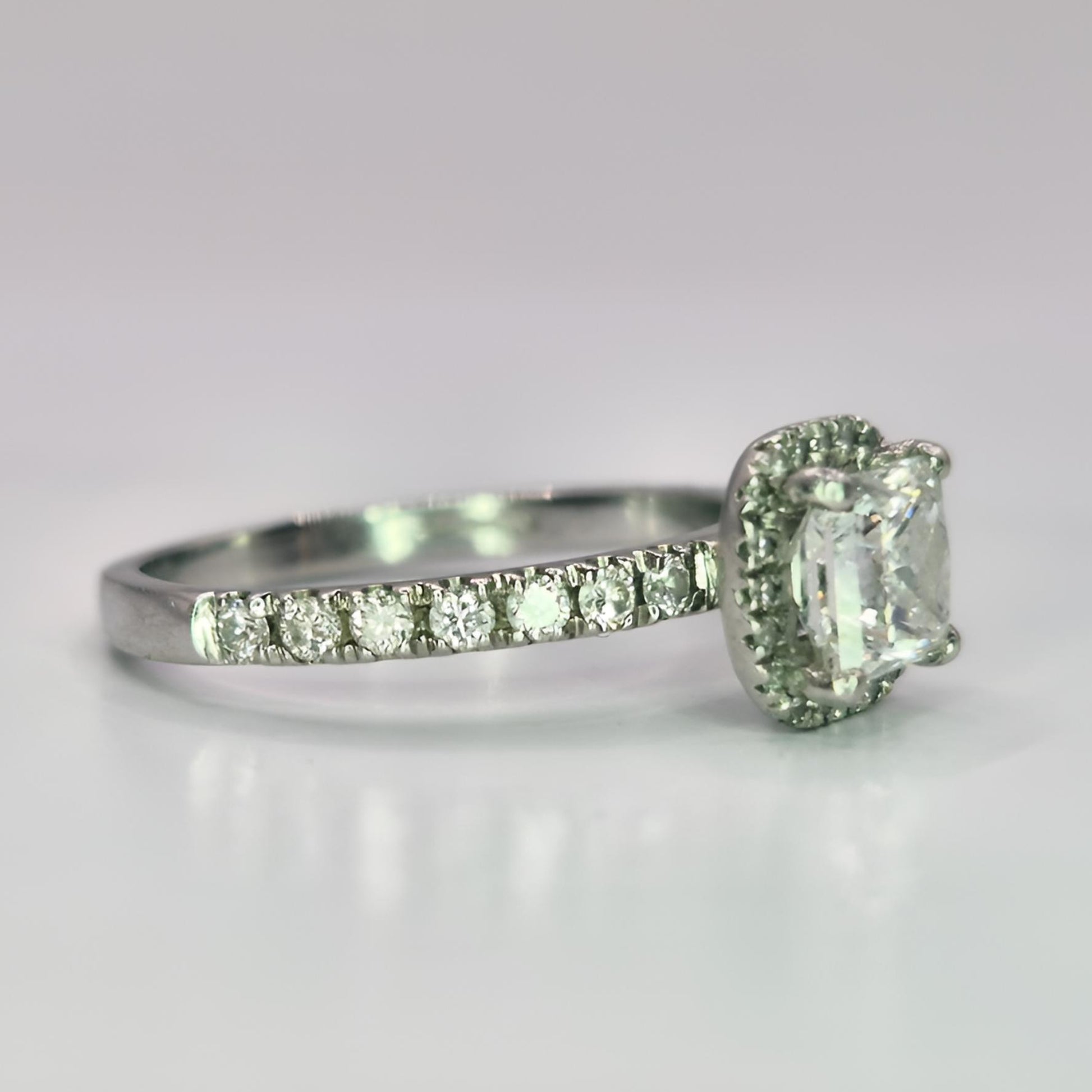 platinum diamond halo cluster diamond set collet and diamond set shoulder ring side view
