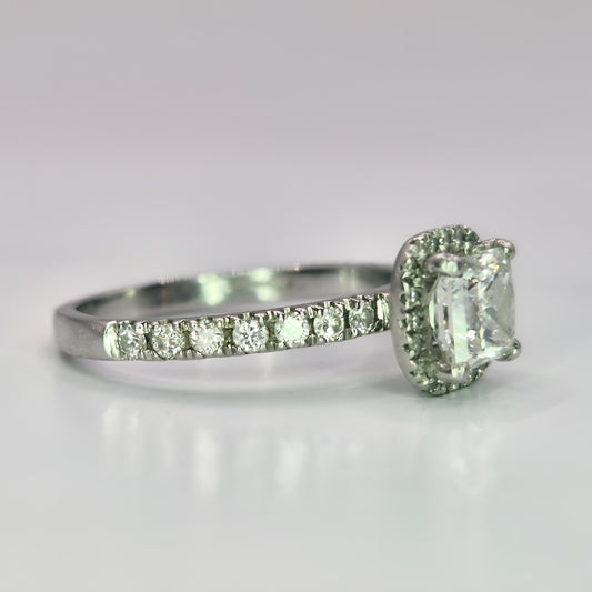 platinum diamond halo cluster diamond set collet and diamond set shoulder ring side view