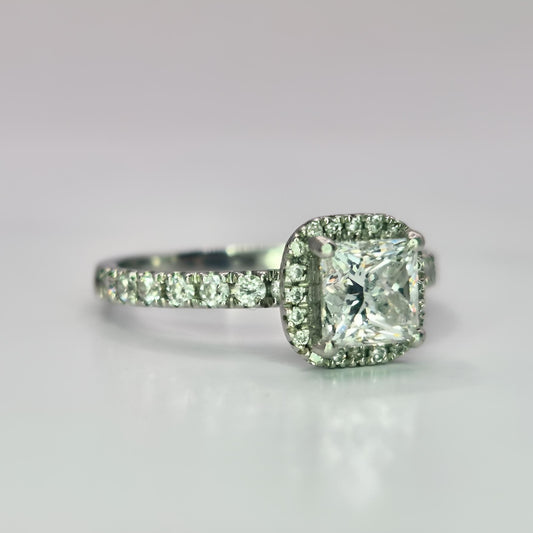 platinum diamond halo diamond set collet and diamond set shoulder ring side view