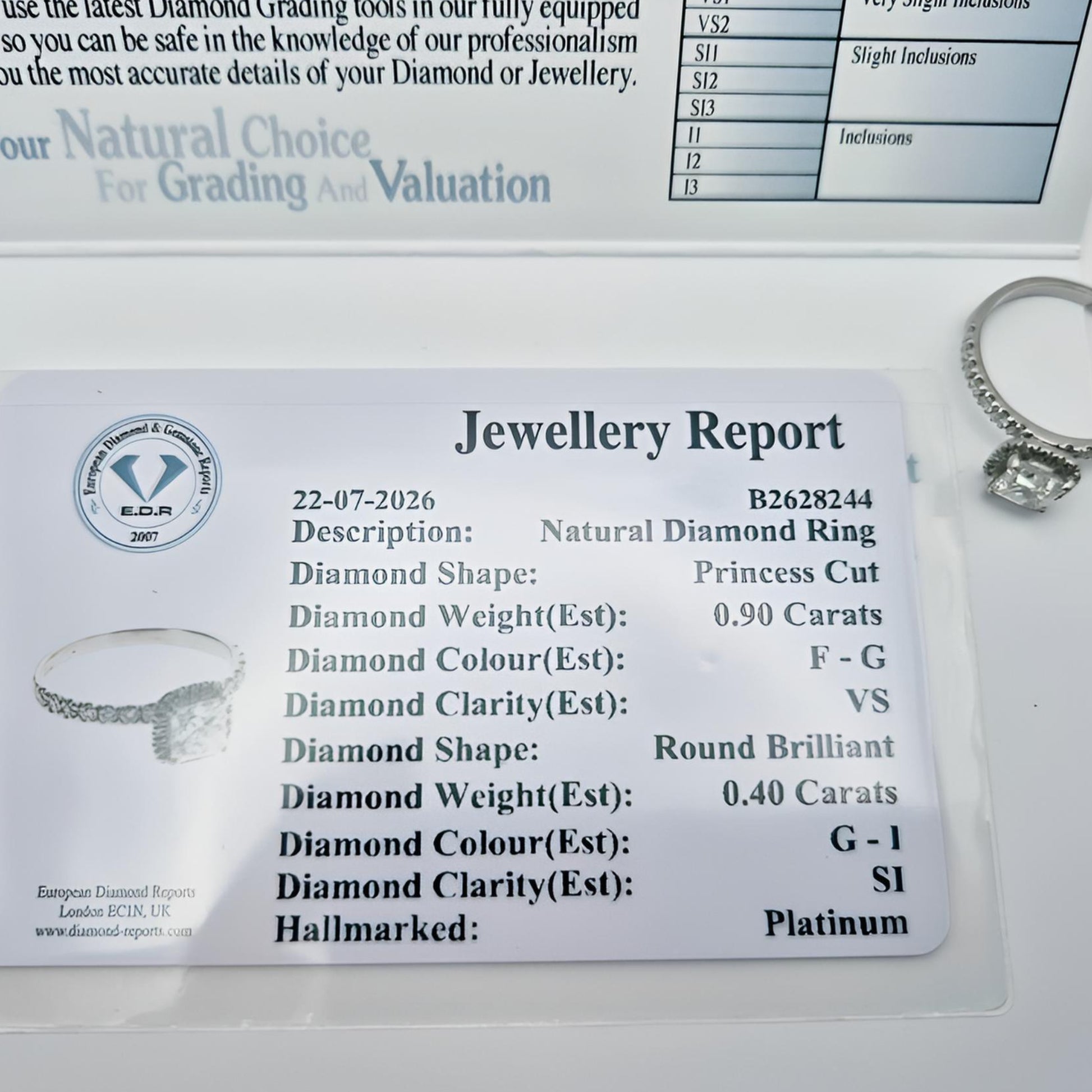 platinum diamond halo diamond set collet and diamond set shoulders ring certificate report