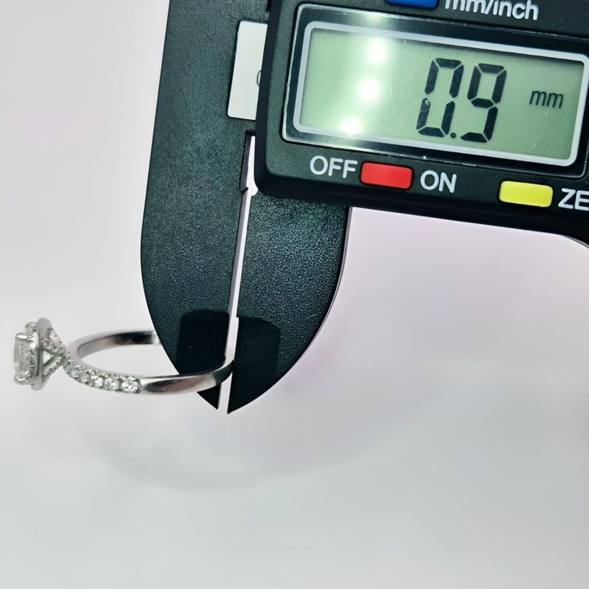 platinum diamond halo diamond set collet and diamond set shoulders ring shank depth measurement