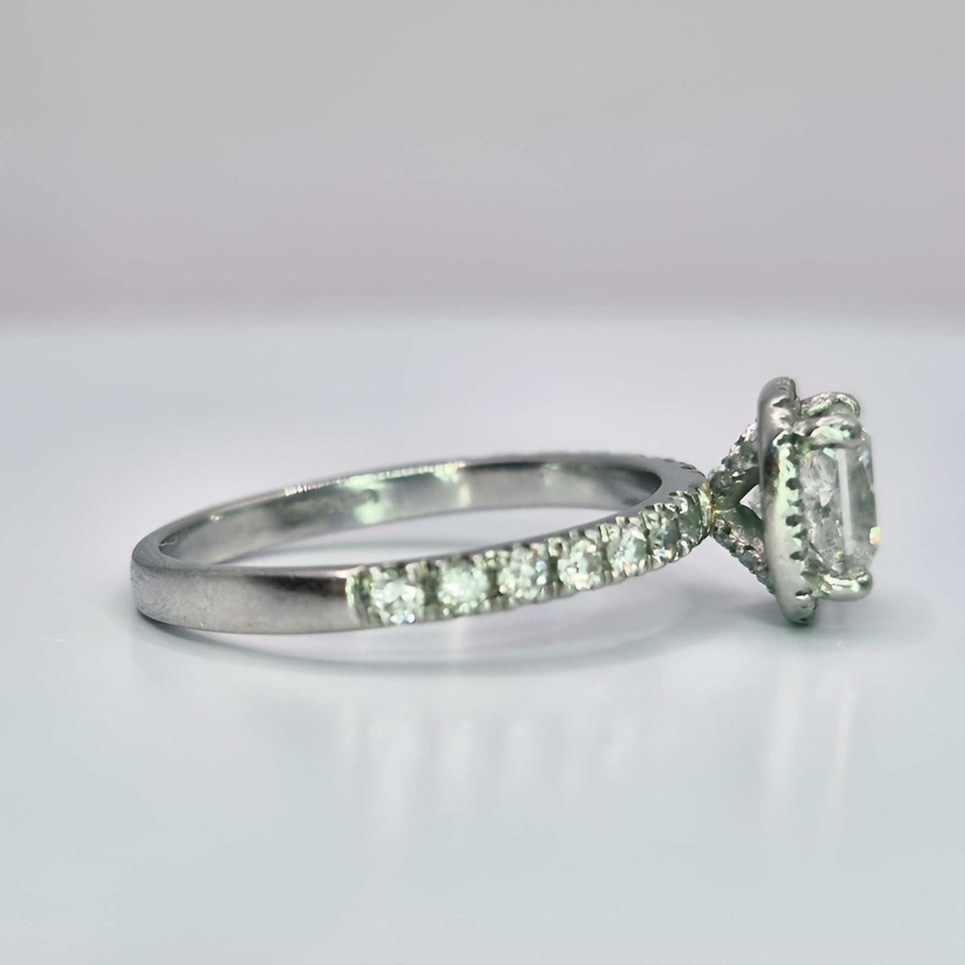 platinum diamond halo diamond set collet and shoulder ring right side view