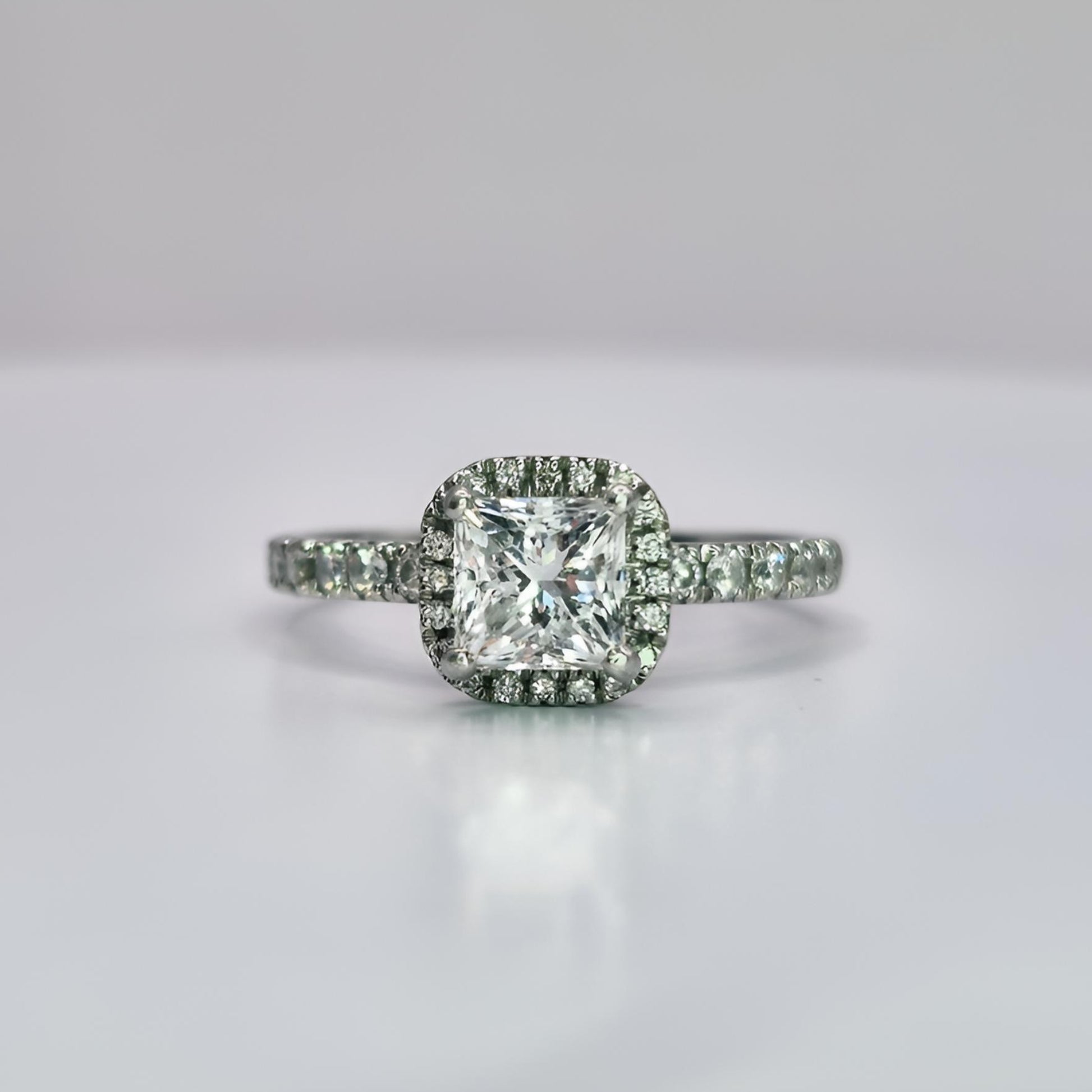 platinum diamond halo diamond set collet and shoulder ring