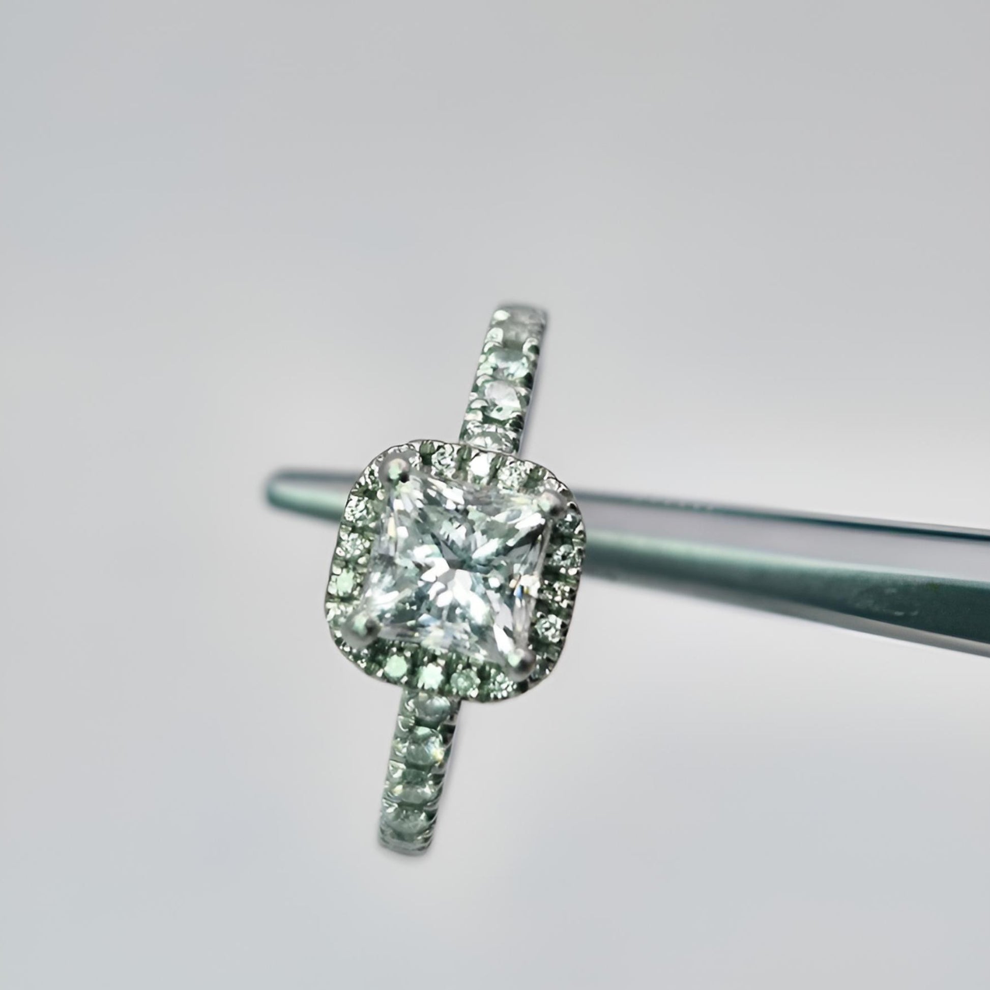 platinum princess cut diamond halo diamond set collet and diamond set shoulders ring