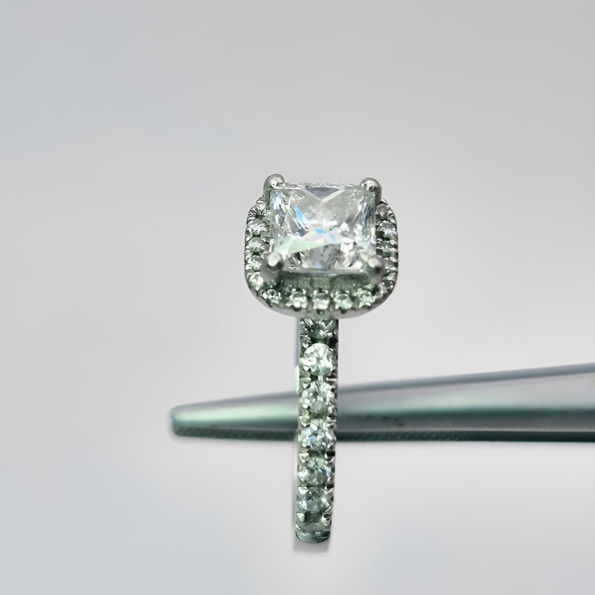 platinum princess cut diamond halo diamond set collet ring