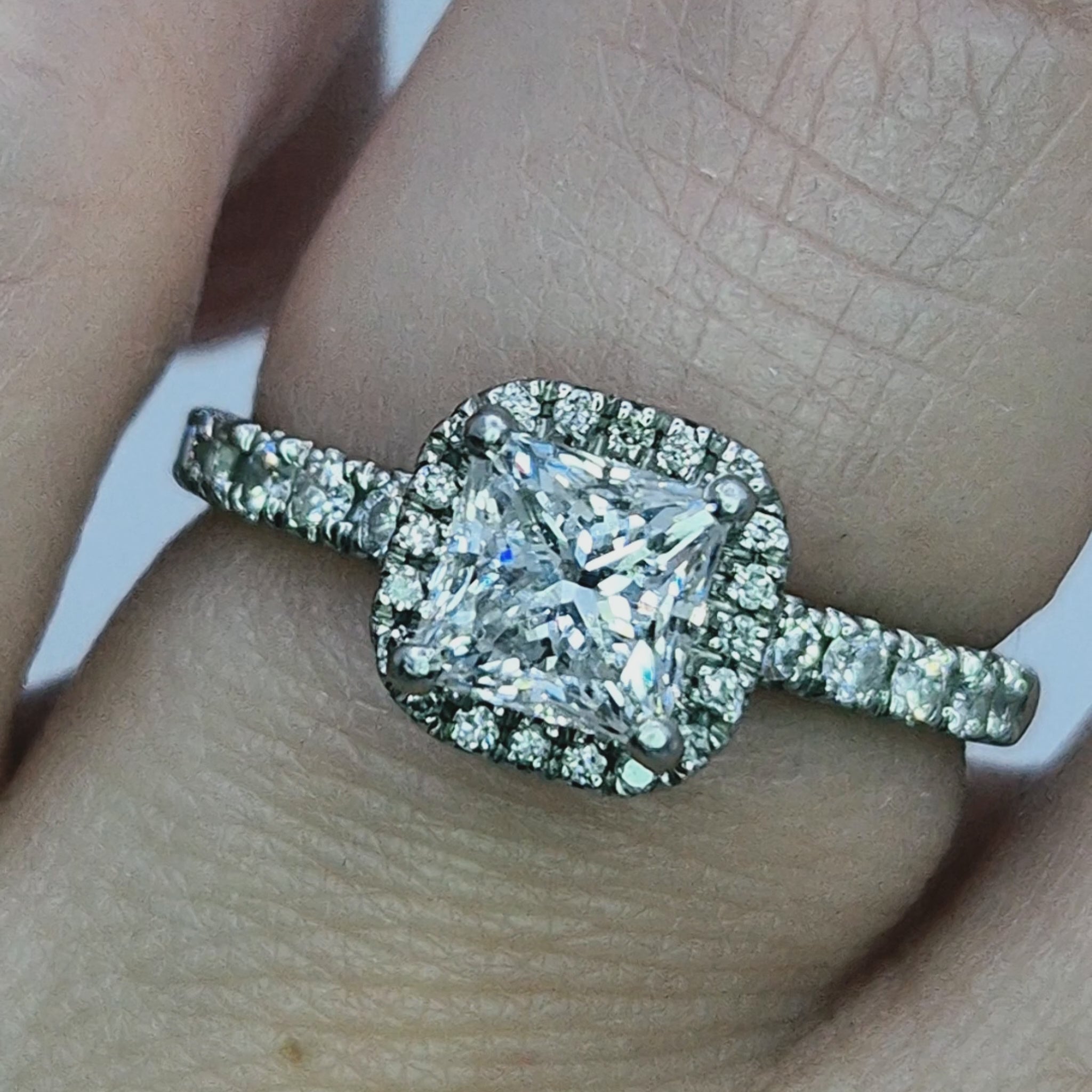 platinum diamond halo cluster princess cut centre stone diamond shoulder ring video on finger