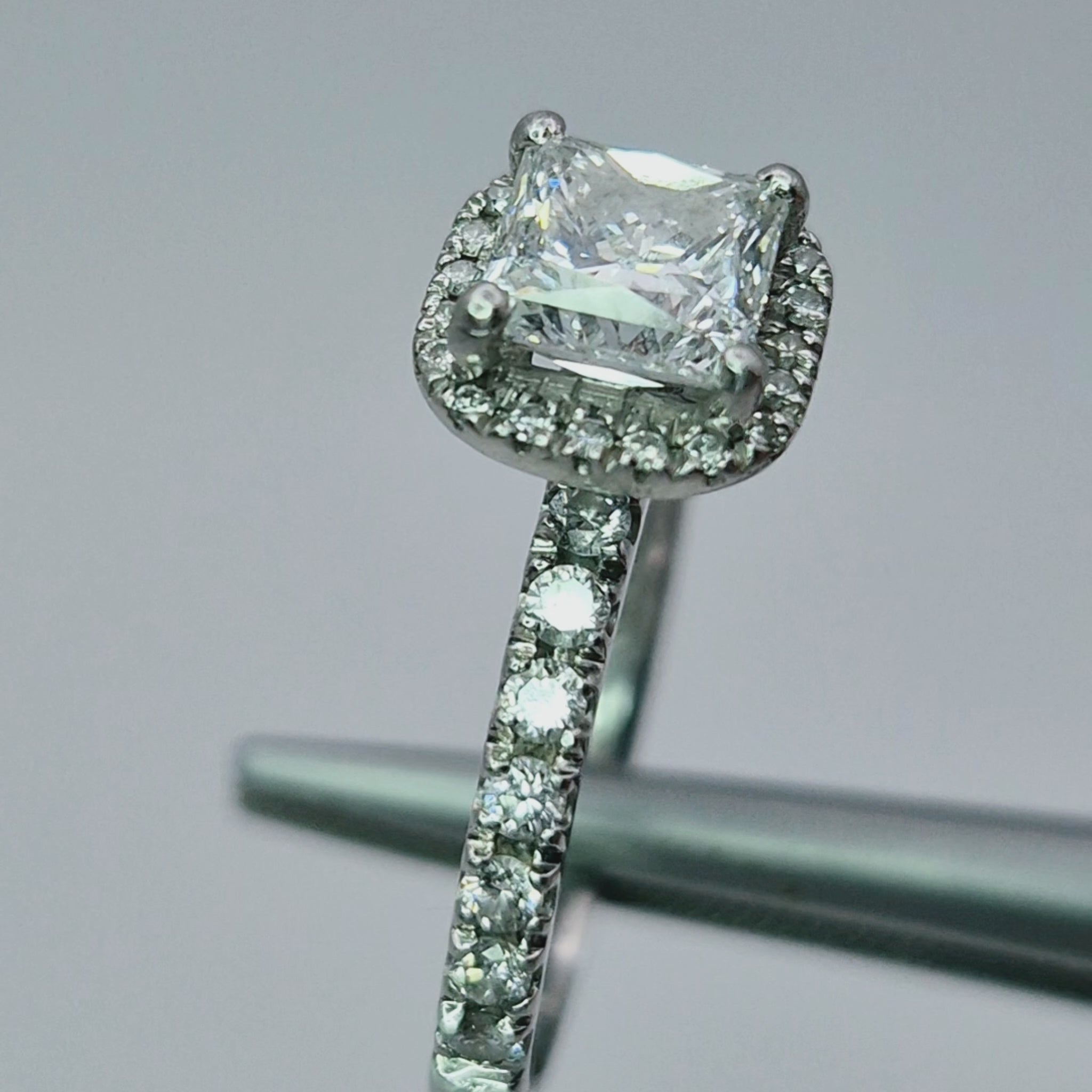 platinum square diamond halo cluster ring princess cut centre stone engagement ring video