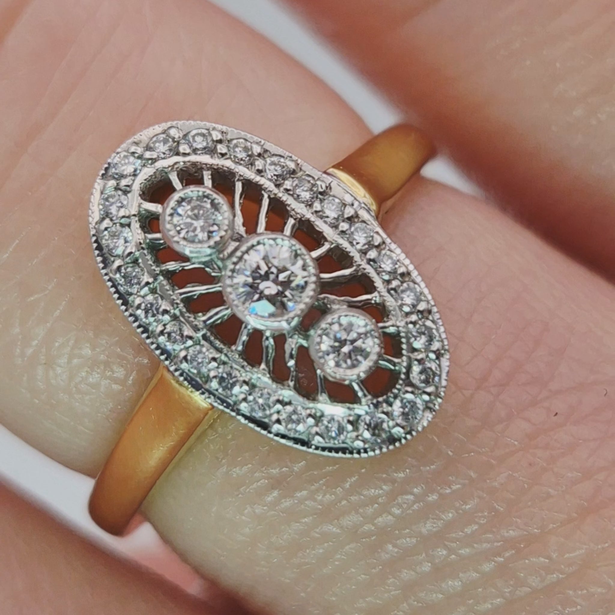 18ct yellow gold diamond oval filigree cluster dress ring video on finger