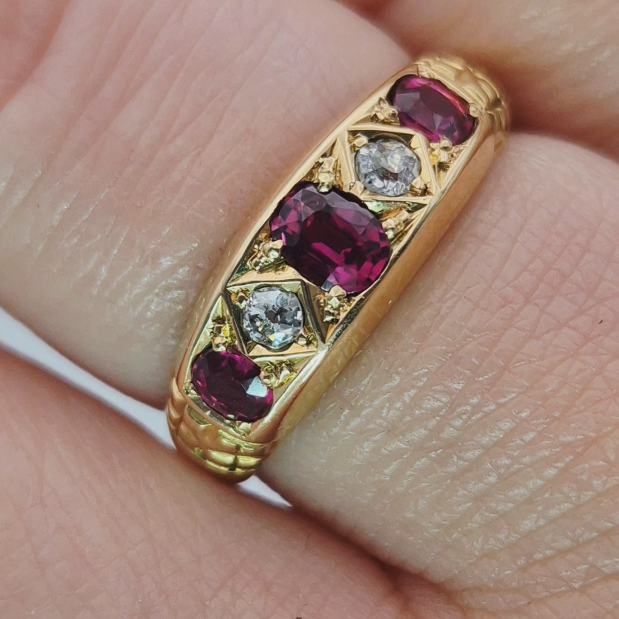 18ct yellow gold ruby diamond 5stone scroll ring full video on finger