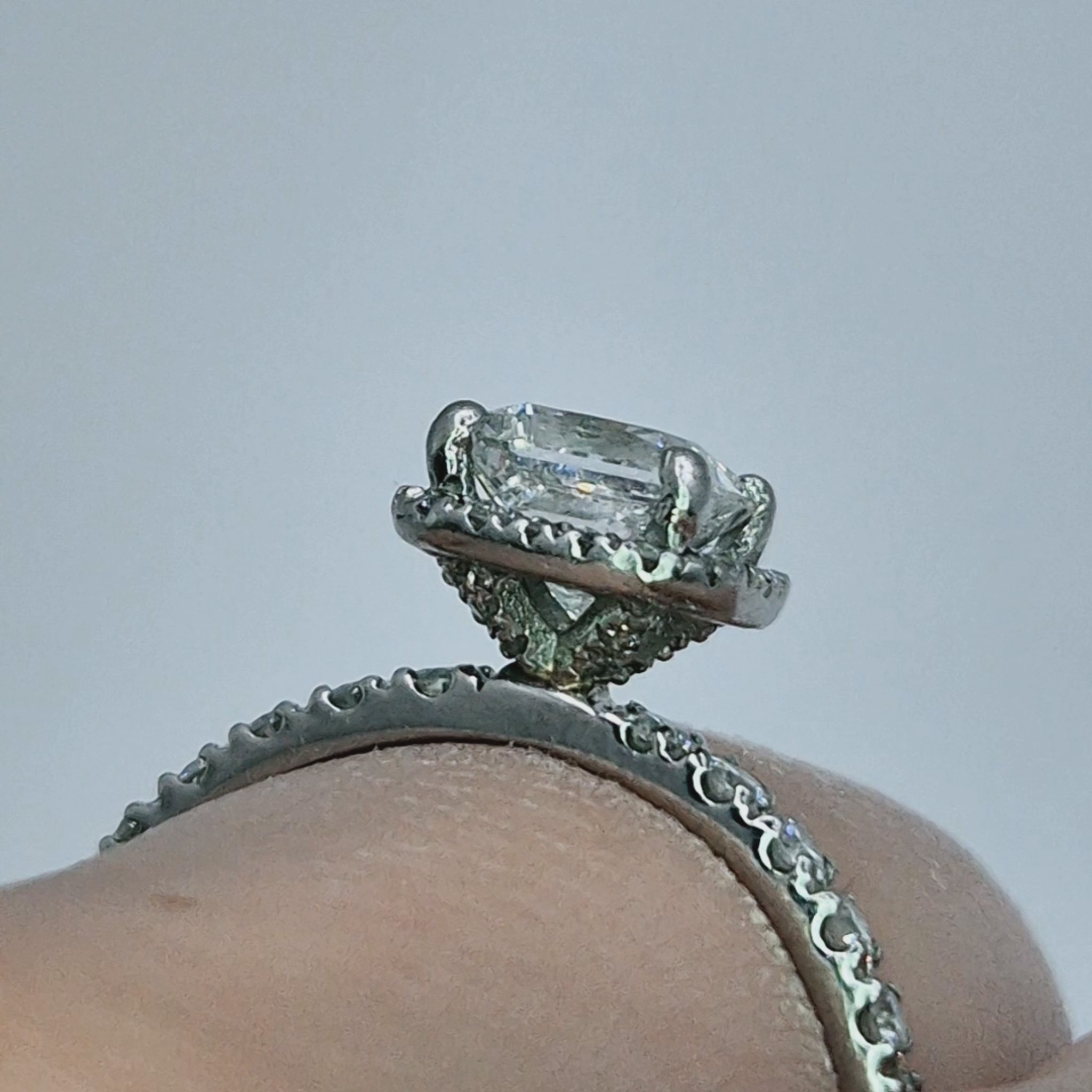 platinum square diamond halo cluster ring princess cut centre stone video on finger